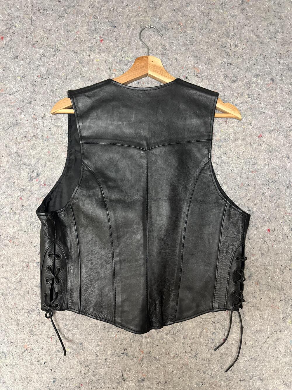 Vintage 90s Wild Ride Vest Womens Large Black Leather Biker Snap Laces Western - Picture 7 of 8